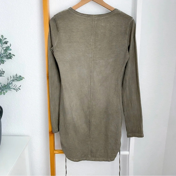 PAM & GELA Ruched Side Tie Bodycon Mini Dress Shirred Scoop Neck Cotton Olive - Picture 4 of 14